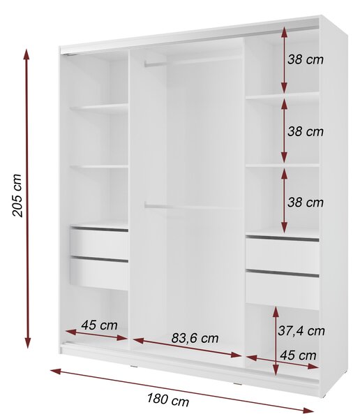 Šatníková skriňa NEJBY BARNABA 180 cm s posuvnými dverami, zrkadlom, 4 šuplíky a 2 šatníkovými tyčami, biela