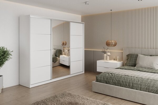 Šatníková skriňa NEJBY BARNABA 250 cm s posuvnými dverami, zrkadlom, 4 šuplíky a 2 šatníkovými tyčami, biela