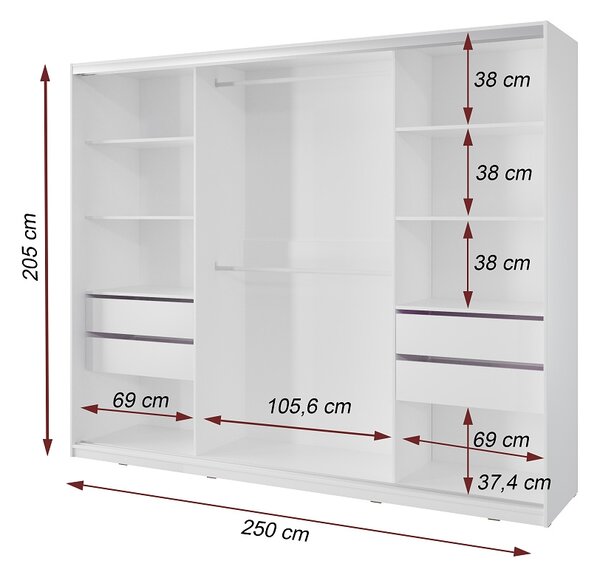 Šatníková skriňa NEJBY BARNABA 250 cm s posuvnými dverami, zrkadlom, 4 šuplíky a 2 šatníkovými tyčami, biela