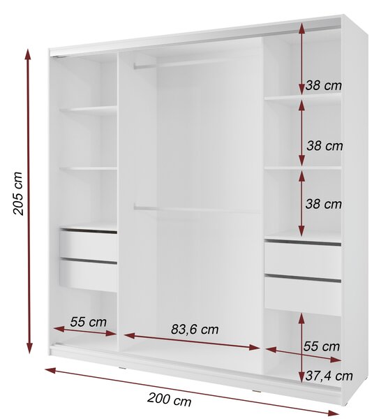 Šatníková skriňa NEJBY BARNABA 200 cm s posuvnými dverami, zrkadlom, 4 šuplíky a 2 šatníkovými tyčami, biela