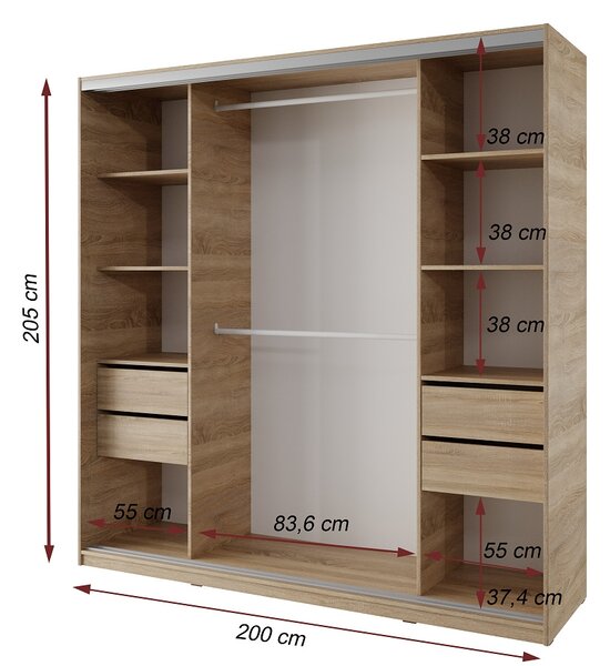 Šatníková skriňa NEJBY BARNABA 200 cm s posuvnými dverami, zrkadlom, 4 šuplíky a 2 šatníkovými tyčami, dub sonoma