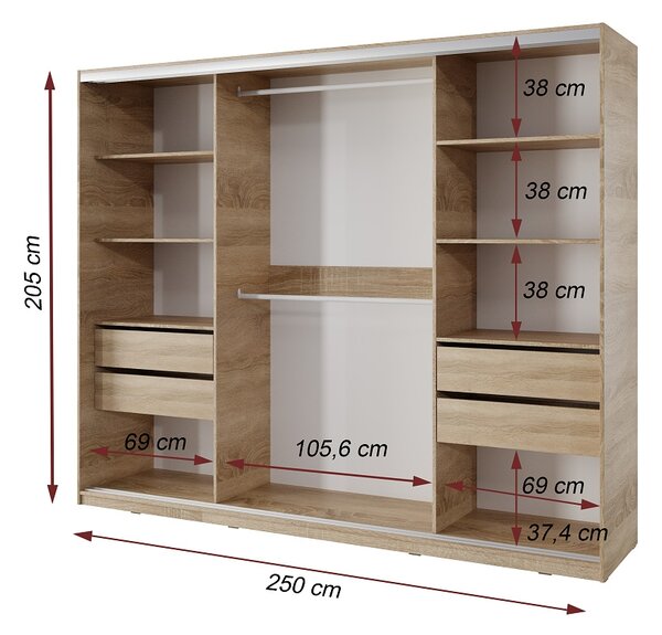 Šatníková skriňa NEJBY BARNABA 250 cm s posuvnými dverami, zrkadlom, 4 šuplíky a 2 šatníkovými tyčami, dub sonoma