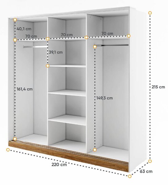 Šatníková skriňa TALIA 220cm biela + dub stirling