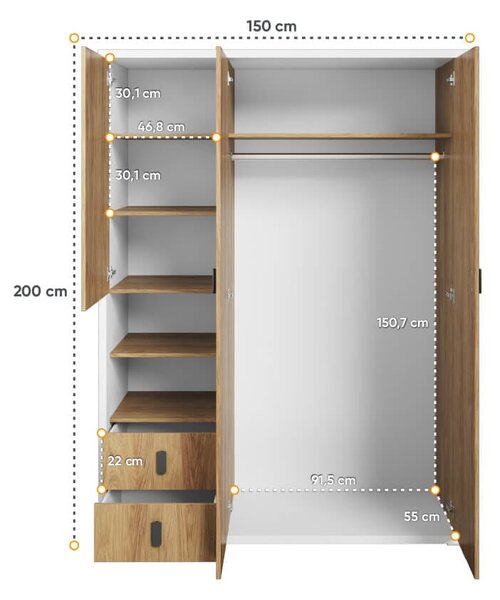 Šatníková skriňa KARLOS 150 cm dub hikora