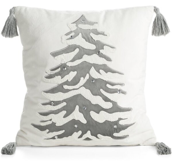 Dekorstudio Vianočná zamatová obliečka na vankúš so stromčekom a brmbolcami 45x45cm - biela