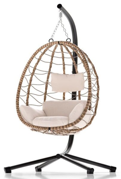 Závesné kreslo z ratanu s konštrukciou a vankúšom, béžové