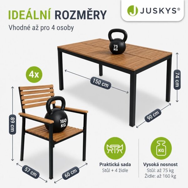 Záhradná súprava z akácie pre 4 osoby, čierny kov, čalúnenie