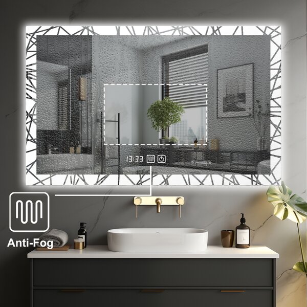 Luxusné LED zrkadlo do kúpeľne 90×70, hodiny a odmlžovanie