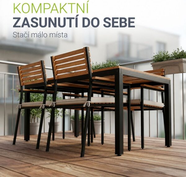 Záhradná súprava z akácie pre 4 osoby, čierny kov, čalúnenie