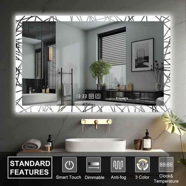 Luxusné LED zrkadlo do kúpeľne 90×70, hodiny a odmlžovanie