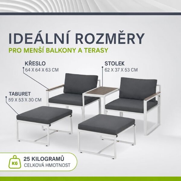 Moderný záhradný nábytok z kovu a polywoodu, 5 dielov, sivý