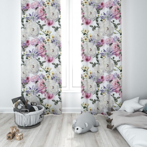 Hotový záves na kruhoch 140x250 cm kvety na bielom Farba Viacfarebná Rozmery 140x250 cm