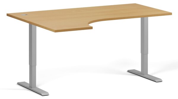 Rohový výškovo nastaviteľný stôl, 160x120 cm, 2 motory, L/P, sivá podnož, buk