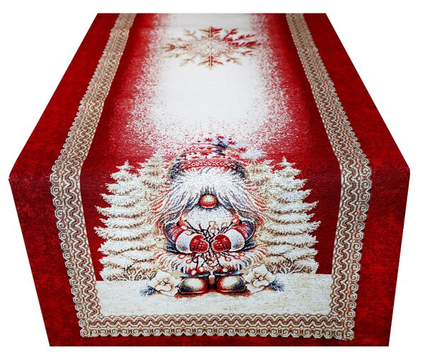 Luxusný vianočný gobelínový behúň na stôl s vianočným škriatkom a zlatou lurexovou nitou Farba Viacfarebná Rozmery 45x90 cm