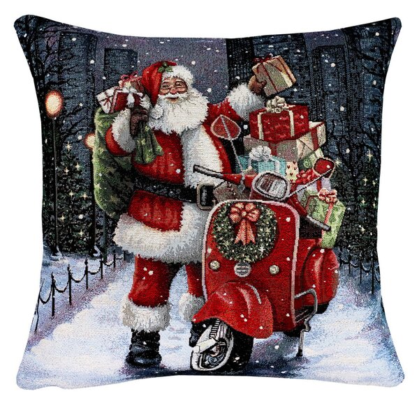 Vianočná gobelínová obliečka na vankúš – Santa Claus na skútri s darčekmi Farba Viacfarebná Rozmery 42x42 cm