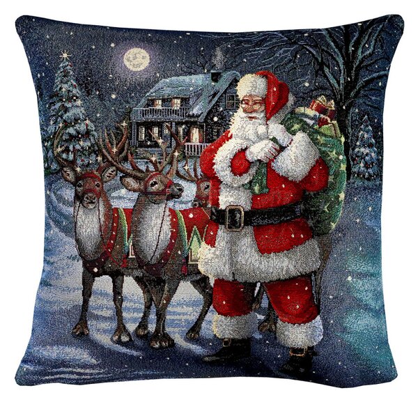 Vianočná gobelínová obliečka na vankúš s lurexom – Santa Claus s jeleňmi Farba Viacfarebná Rozmery 42x42 cm