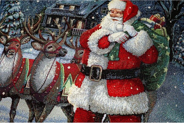 Vianočná gobelínová obliečka na vankúš s lurexom – Santa Claus s jeleňmi Farba Viacfarebná Rozmery 42x42 cm