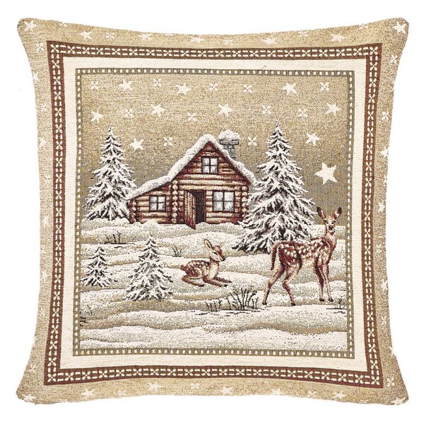 Vianočná gobelínová obliečka na vankúš Zasnežená krajinka v béžovom Chenille IT030 Farba Béžová Rozmery 42x42 cm