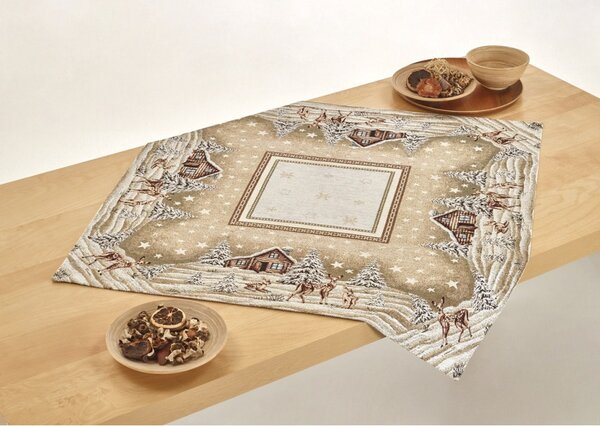 Vianočný gobelínový obrus na stôl Zasnežená krajinka v béžovom 90x90 cm Chenille IT030 Farba Béžová Rozmery 90x90 cm