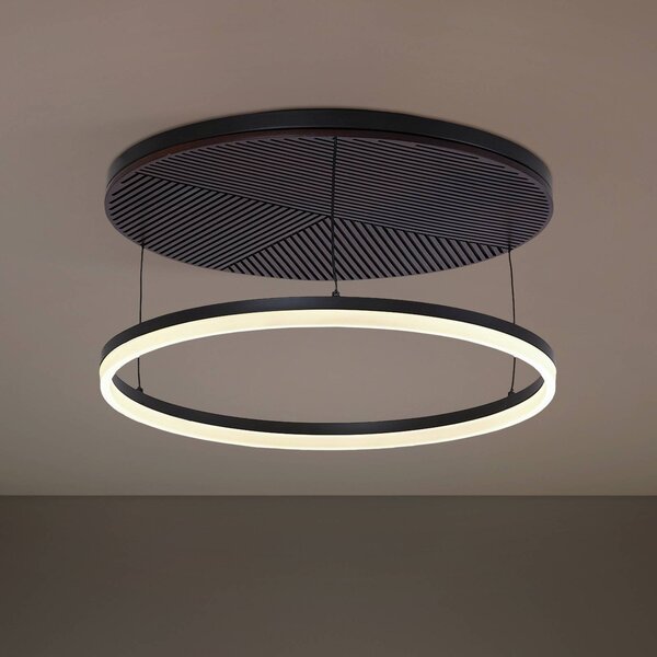 Lucande stropné LED svetlo Orven, čierne/drevo, Ø50cm, stmievateľné, Čierna, Obývacia izba / jedáleň, kov, Moderný, Závesné svietidlo