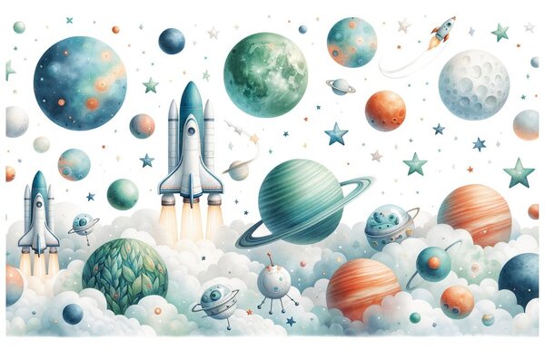 Tapeta detský vesmírny svet s raketami