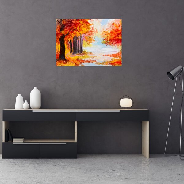Sklenený obraz - Olejomaľba, farebná jeseň (70x50 cm)