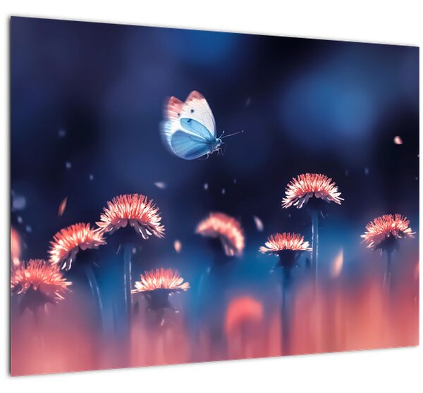 Sklenený obraz púpav s modrým motýľom (70x50 cm)