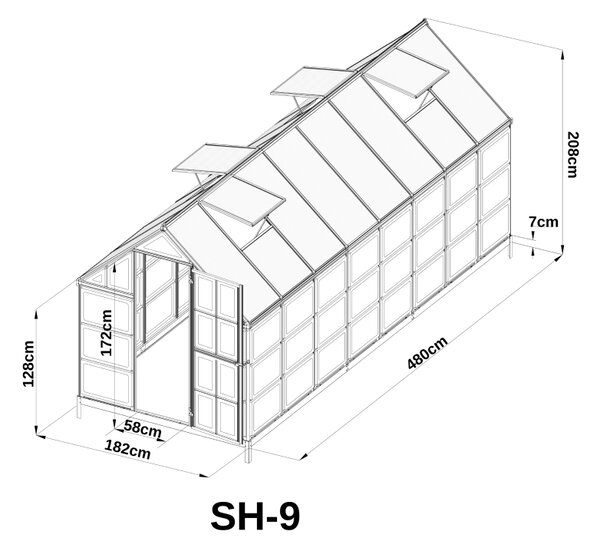 Skleník so základňou BestBerg SH-9 / 9 m² / 480 x 182 x 208 cm / strieborná