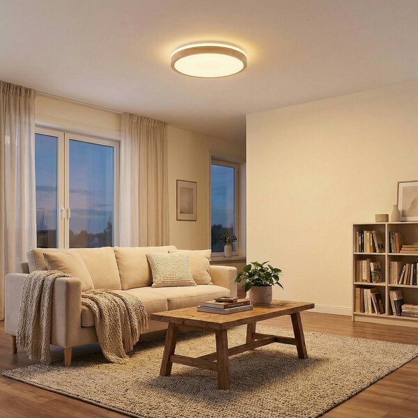 Lindby LED stropné svietidlo Emiva, Ø 49 cm, drevo, Svetlé drevo, Obývacia izba / jedáleň, Drevo, Moderný, Závesné svietidlo