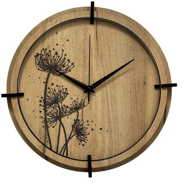 Tiché drevené hodiny s motívom lúčnych tráv pre váš domov | SENTOP HDF0586-GOLD-OAK