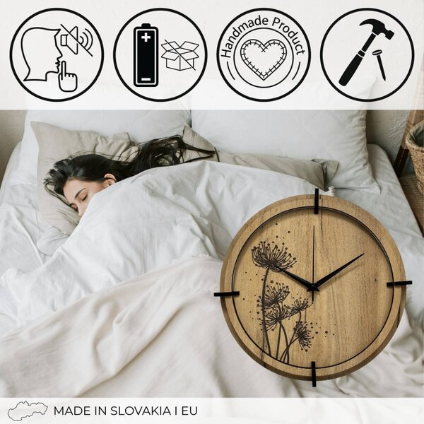Tiché drevené hodiny s motívom lúčnych tráv pre váš domov | SENTOP HDF0586-GOLD-OAK