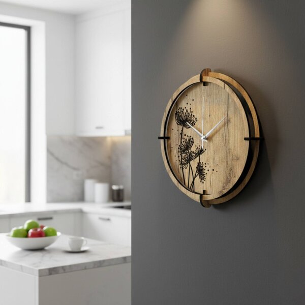 Tiché drevené hodiny s motívom lúčnych tráv pre váš domov | SENTOP HDF0586-GOLD-OAK