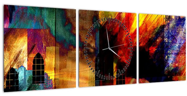 Obraz - Farebná abstrakcia mesta (s hodinami) (90x30 cm)