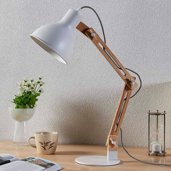 Drevená lampa na písací stôl Shivanja biele, Svetlé drevo, Pracovňa / Kancelária, Drevo, Moderný, Stolová lampa