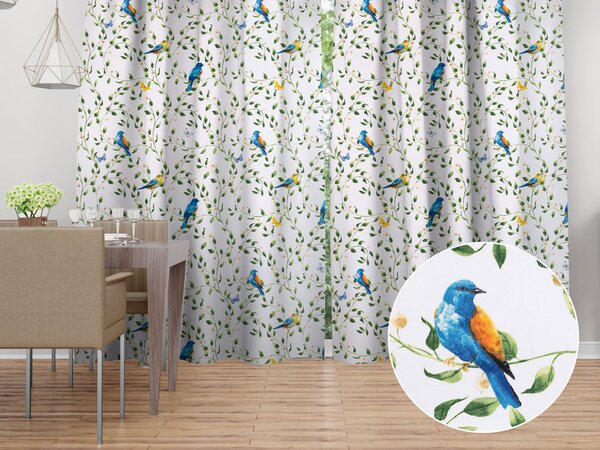 Biante Bavlnený záves Sandra SA-501 Modré vtáky a vetvičky na bielom 150x140 cm
