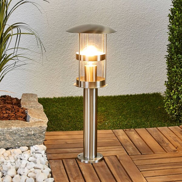 Lindby Stojaca lampa Noemi, sivá, nerezová oceľ, 50 cm, IP44, Hliník / sivá / zinok, Nehrdzavejúca oceľ, Moderný, Vonkajčie stĺpové osvetlenie