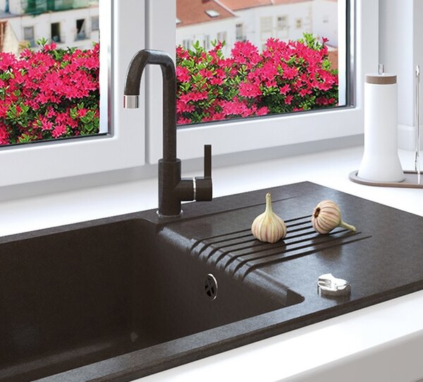 Laveo Celia, 1-komorový granitový drez 760x440x185 mm s dlhým odkvapkávačom, čierna škvrnitá, LAV-SBC_711T
