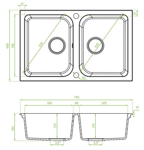 Laveo Celia, 2-komorový granitový drez 760x480x184 mm, šedá, LAV-SBC_520T