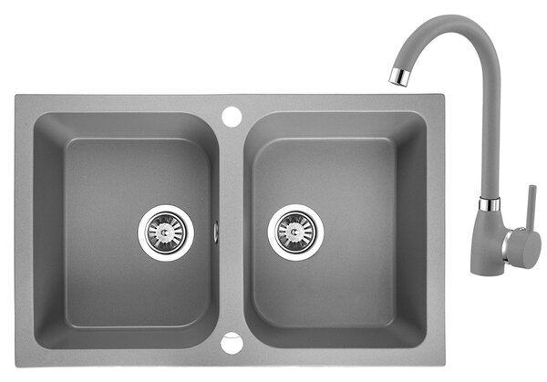 Laveo Celia, 2-komorový granitový drez 760x480x184 mm + drezová batéria s výlevkou v tvare U, šedá, LAV-SBCE520T