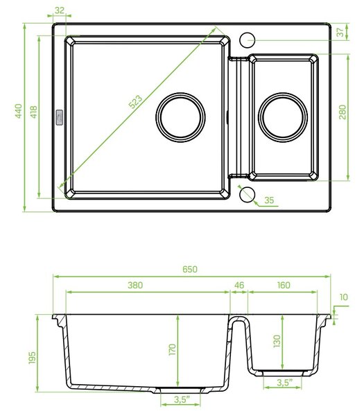 Laveo Celia, 1,5-komorový granitový drez 650x440x195 mm, čierna, LAV-SBC_730T