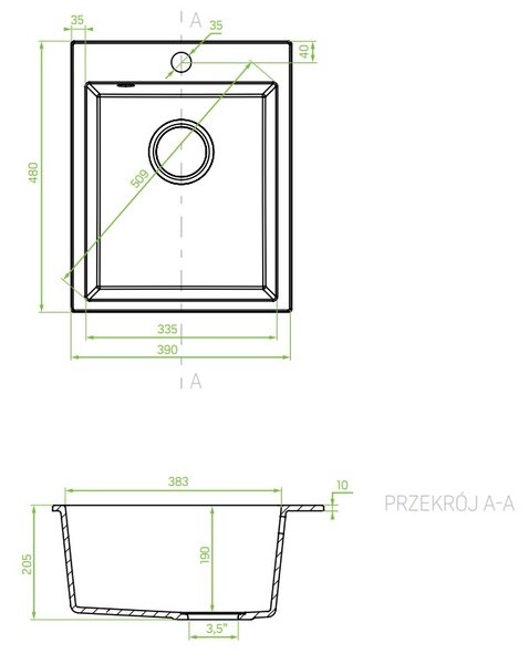 Laveo Chichi, 1-komorový granitový drez 390x480x205 mm, šedá, LAV-SBH_510T
