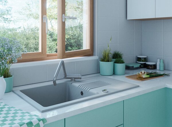 Laveo Celia, 1-komorový granitový drez 760x440x185 mm s dlhým odkvapkávačom, šedá, LAV-SBC_511T