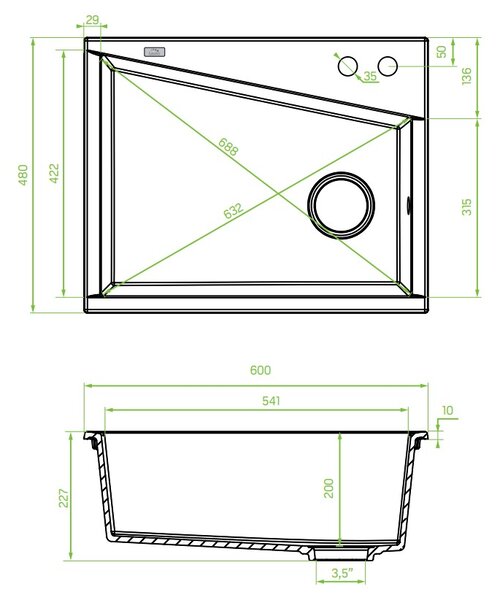 Laveo Grenada, 1-komorový granitový drez 600x480x227 mm, béžová, LAV-SBG_410T