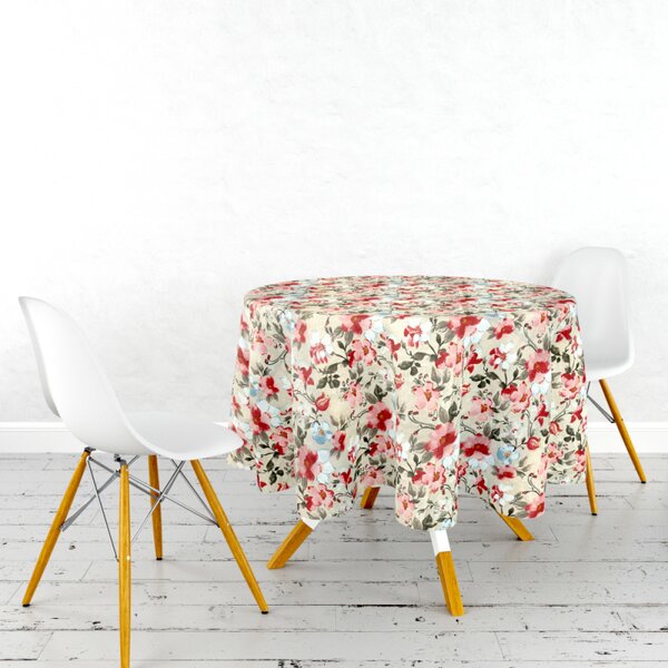 Ervi bavlnený obrus na stôl okrúhly - kvety na béžovom