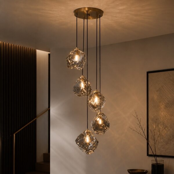 Luster na lanku CRISTAL 5xE14/15W/230V mosadz/dymová čierna