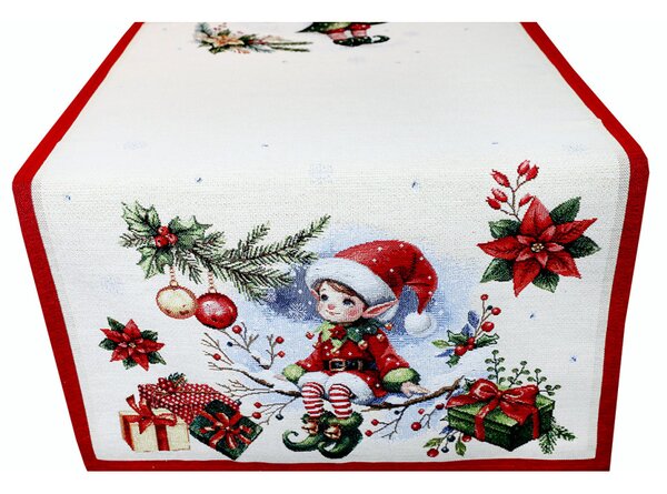 Vianočný gobelínový behúň na stôl so škriatkami pretkávaný lurexom Farba Viacfarebná Rozmery 45x90 cm