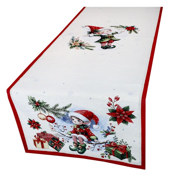 Vianočný gobelínový behúň na stôl so škriatkami pretkávaný lurexom Farba Viacfarebná Rozmery 45x90 cm