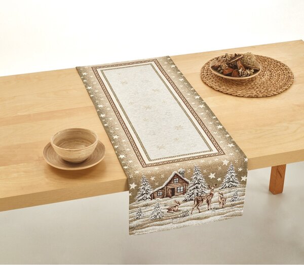 Vianočný gobelínový behúň na stôl Zasnežená krajinka v béžovom Chenille IT030 Farba Béžová Rozmery 40x130 cm