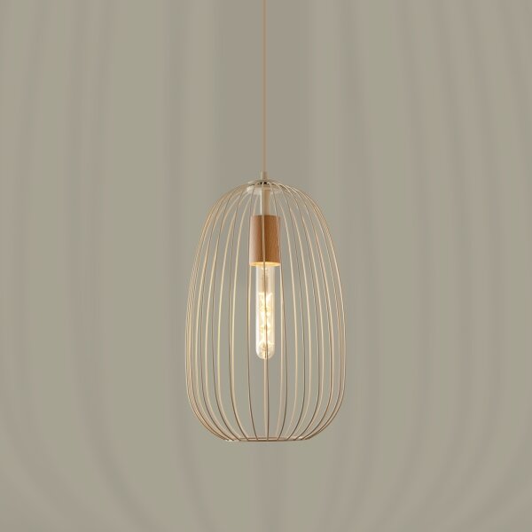 Luster na lanku OVELLA 1xE27/15W/230V, priemer 25 cm, krémová/borovica