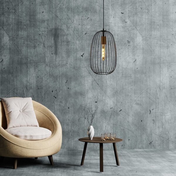 Závesný luster OVELLA na lanku 1xE27/15W/230V, priemer 25 cm, čierna/borovica